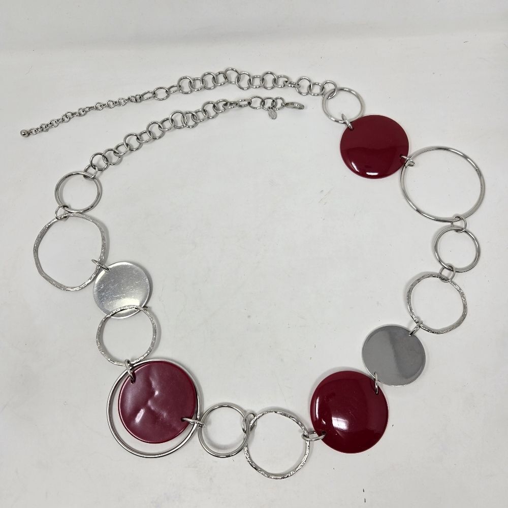 CHICO'S Silver Tone Necklace | Belt Red Enamel Circle Disks & Chunky Links 45"